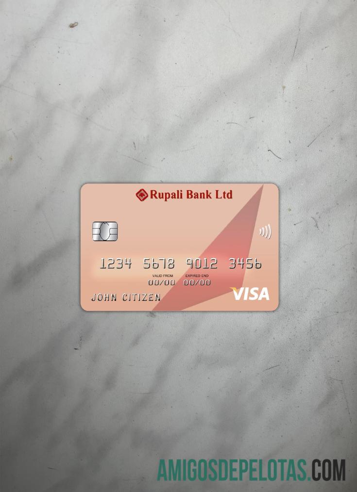 Frente fotográfica do cartão Visa do Banco Rupali de Bangladesh exemplo real